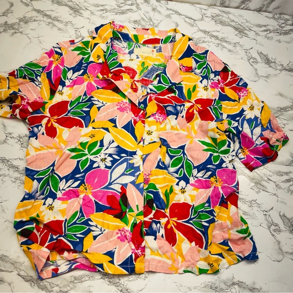 April Kiss Linen White and Red Tie Front multicolored Floral Blouse Size Medium - Picture 11 of 13